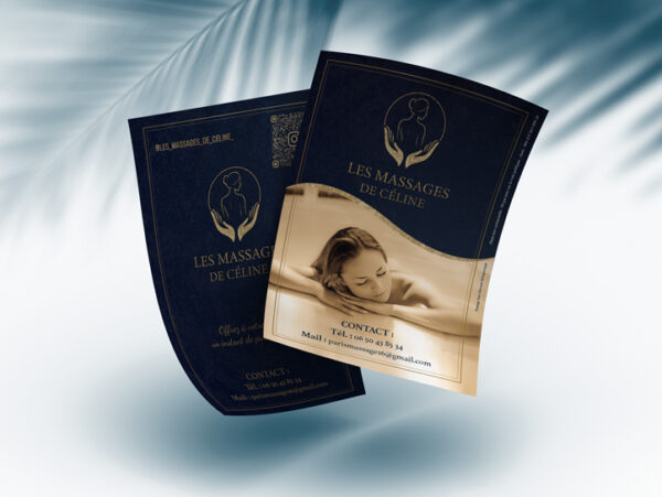 Flyer A5 recto-verso pour un service de massages à domicile, en salon, à l’hôtel ou à bord, présentant différentes prestations bien-être.