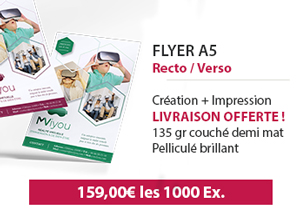 Flyer A5 recto-verso personnalisé créé par un graphiste, avec impression et livraison incluses.
