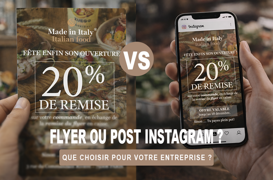 Comparaison flyer imprimé et post Instagram pour promouvoir une entreprise
