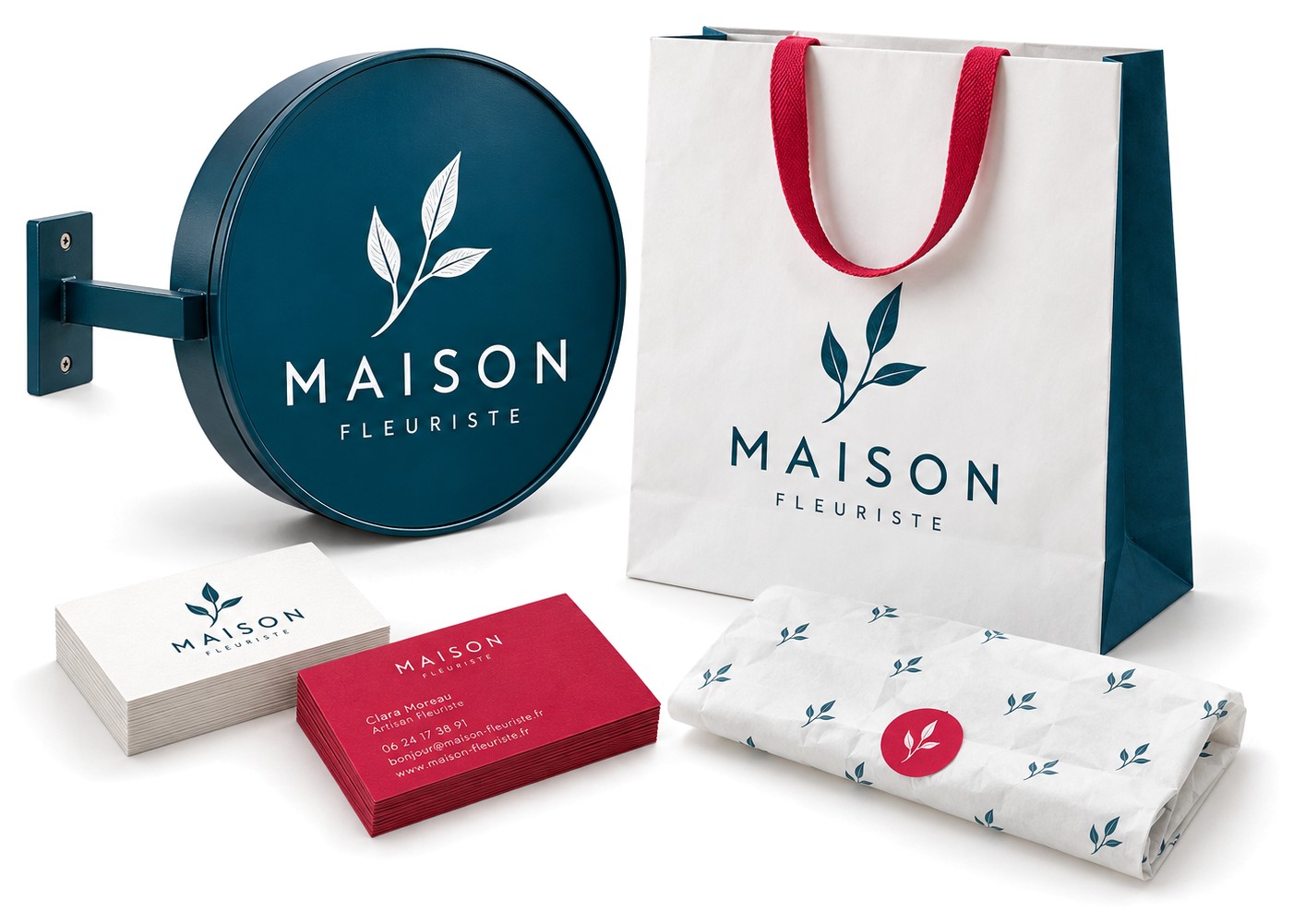 Identit&eacute; visuelle cr&eacute;&eacute;e par Createeve, d&eacute;clin&eacute;e sur une enseigne, un sac, des cartes de visite et du papier de soie