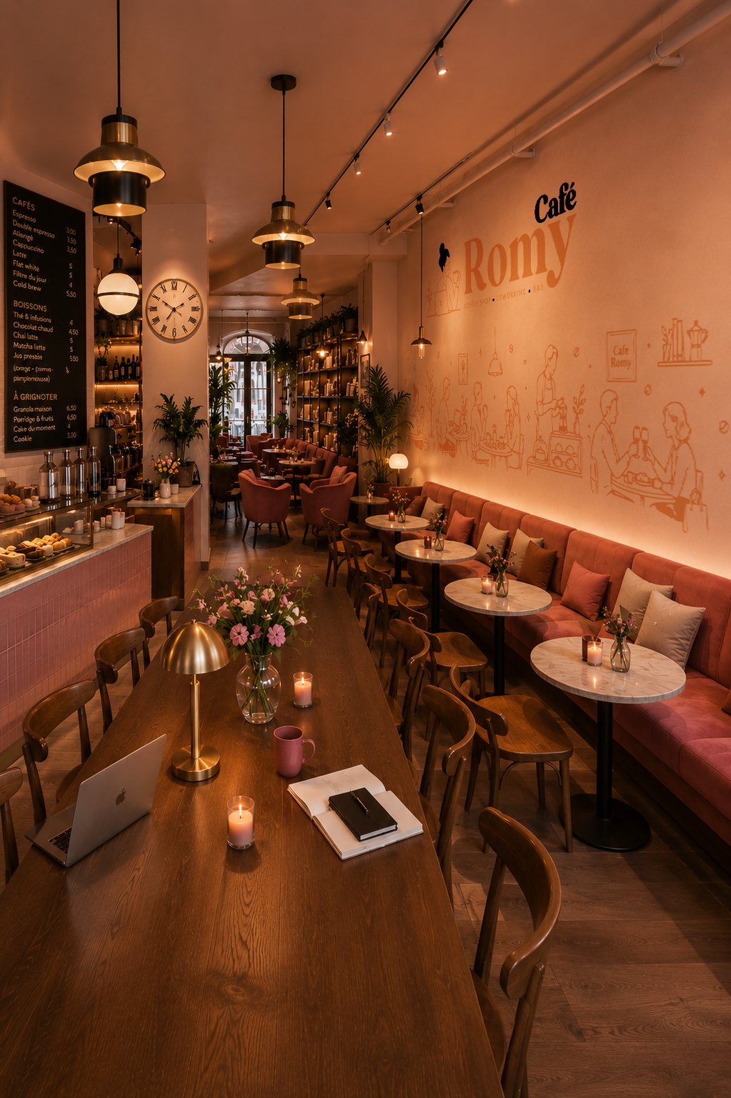 Intérieur du Café Romy avec la signalétique créée par Createeve