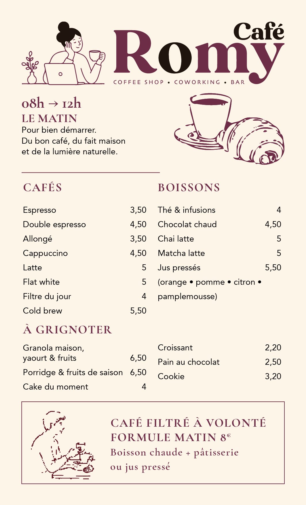 Menu du matin du Café Romy créé par Createeve