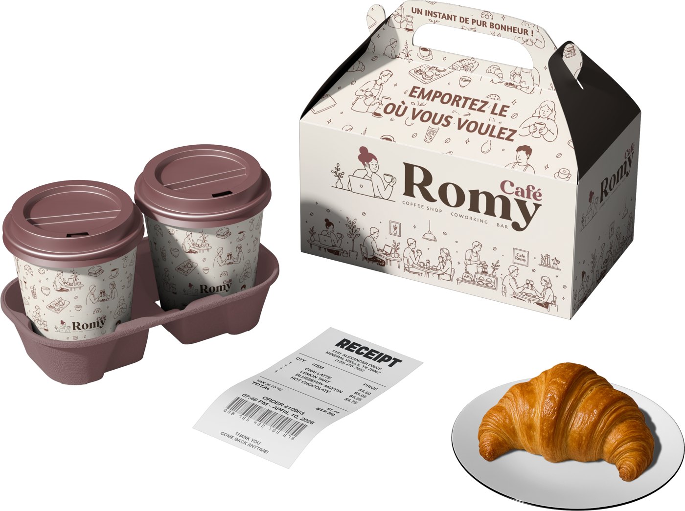 Packaging Café Romy, gobelets et boîte à emporter, créé par Createeve