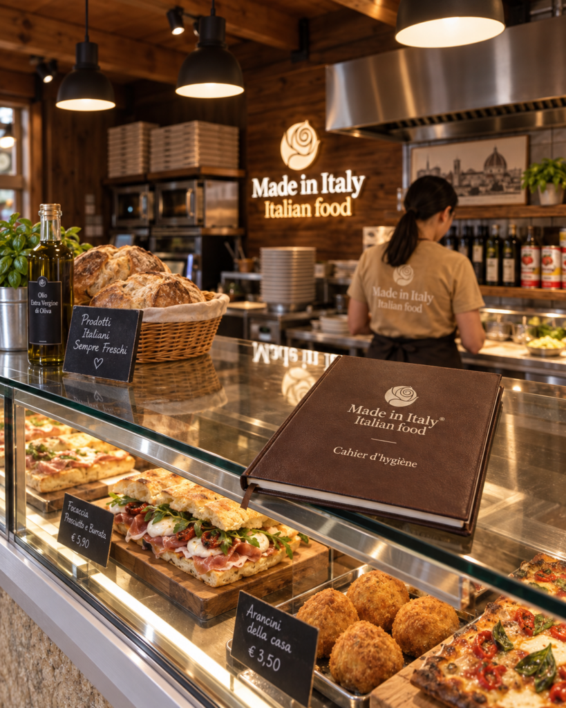 Cahier d’hygiène personnalisé à couverture rigide marron, posé sur la vitrine d’une épicerie traiteur italienne