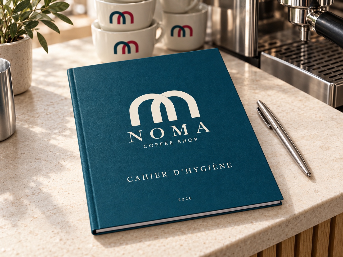 Cahier d’hygiène à couverture rigide bleu pétrole avec logo et titre, posé sur un comptoir à côté d’un stylo