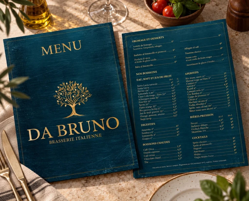 Menu de la brasserie italienne Da Bruno créé par Createeve