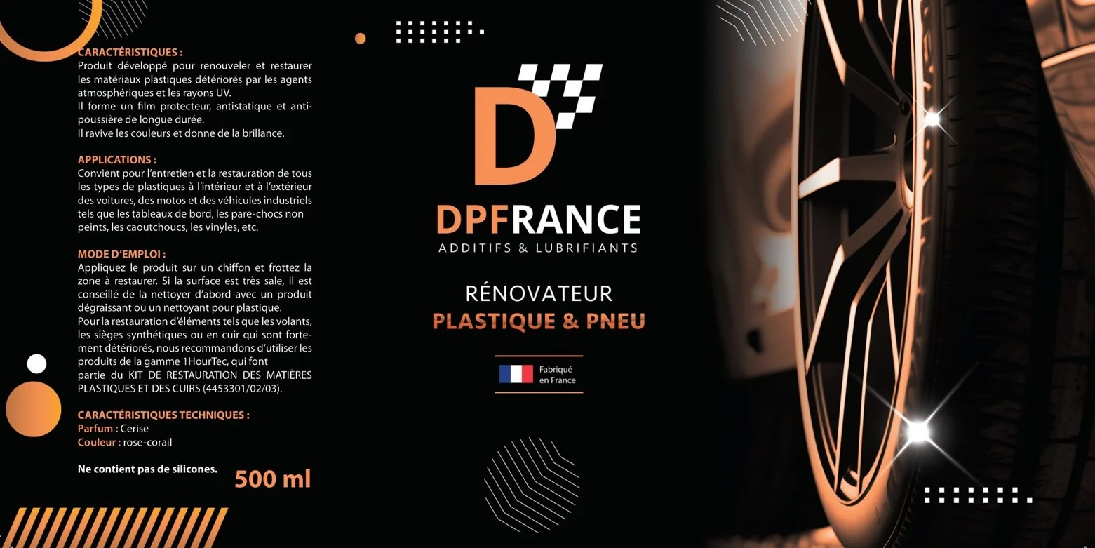 Étiquette DPF France Rénovateur plastique et pneu 500 ml