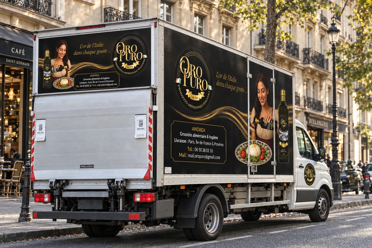 Camion de livraison Oro Puro avec flocage publicitaire, covering de véhicule par Createeve