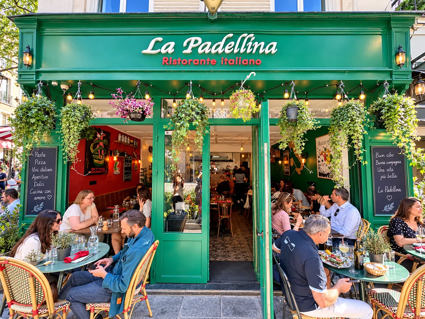 Devanture du restaurant italien La Padellina et son enseigne, identité créée par Createeve