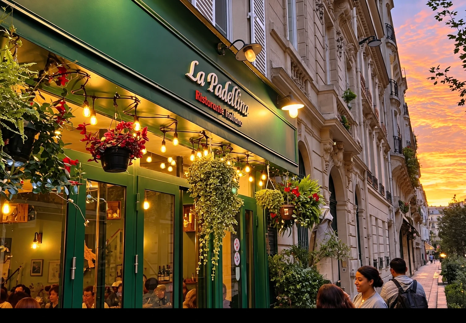 La Padellina, restaurant italien : sa terrasse et son enseigne au crépuscule, identité créée par Createeve
