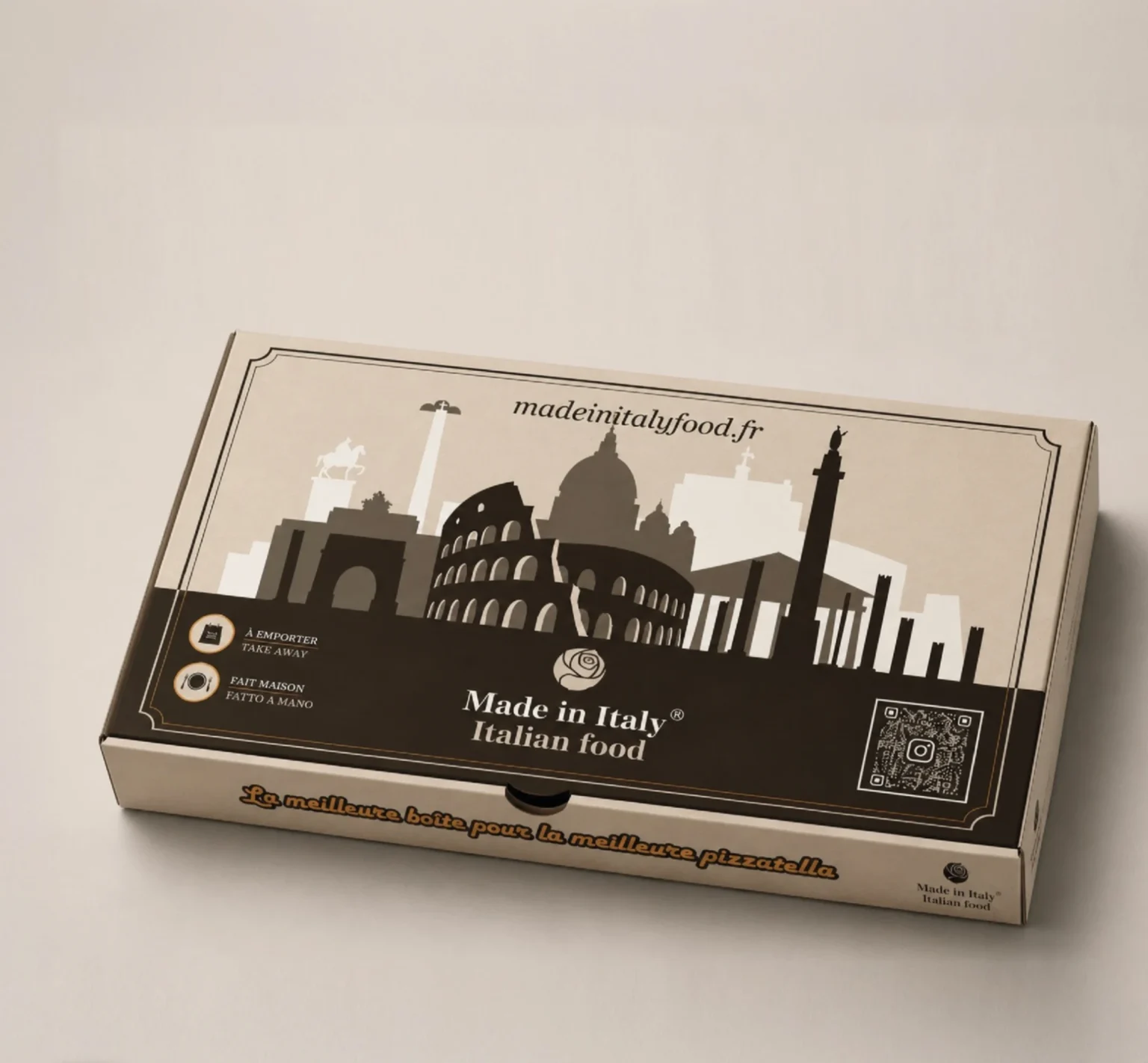 Boîte à emporter Made in Italy, illustration monuments de Paris et Rome, création Createeve