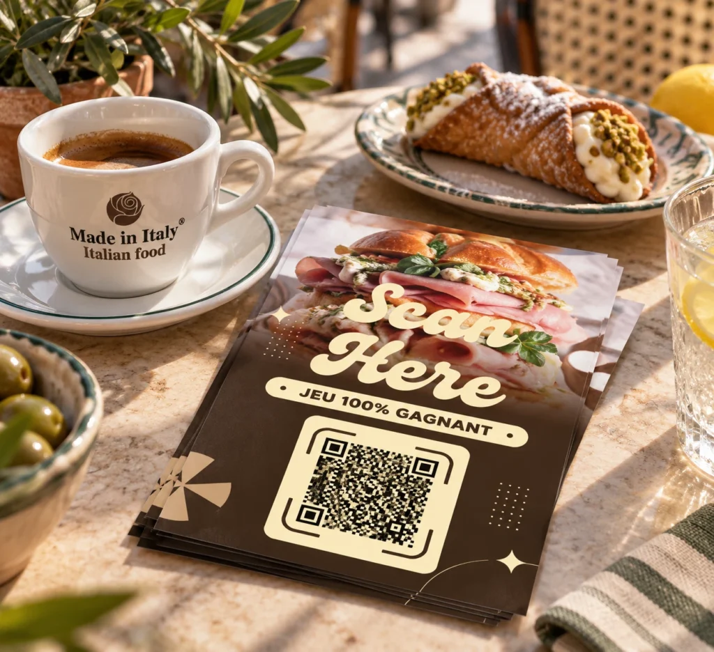 Flyer jeu concours avec QR code Made in Italy, mise en situation, créé par Createeve