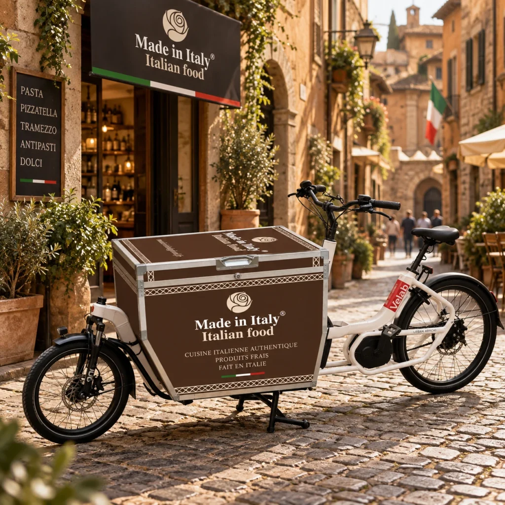 Vélo cargo de livraison Made in Italy habillé aux couleurs de la marque par Createeve