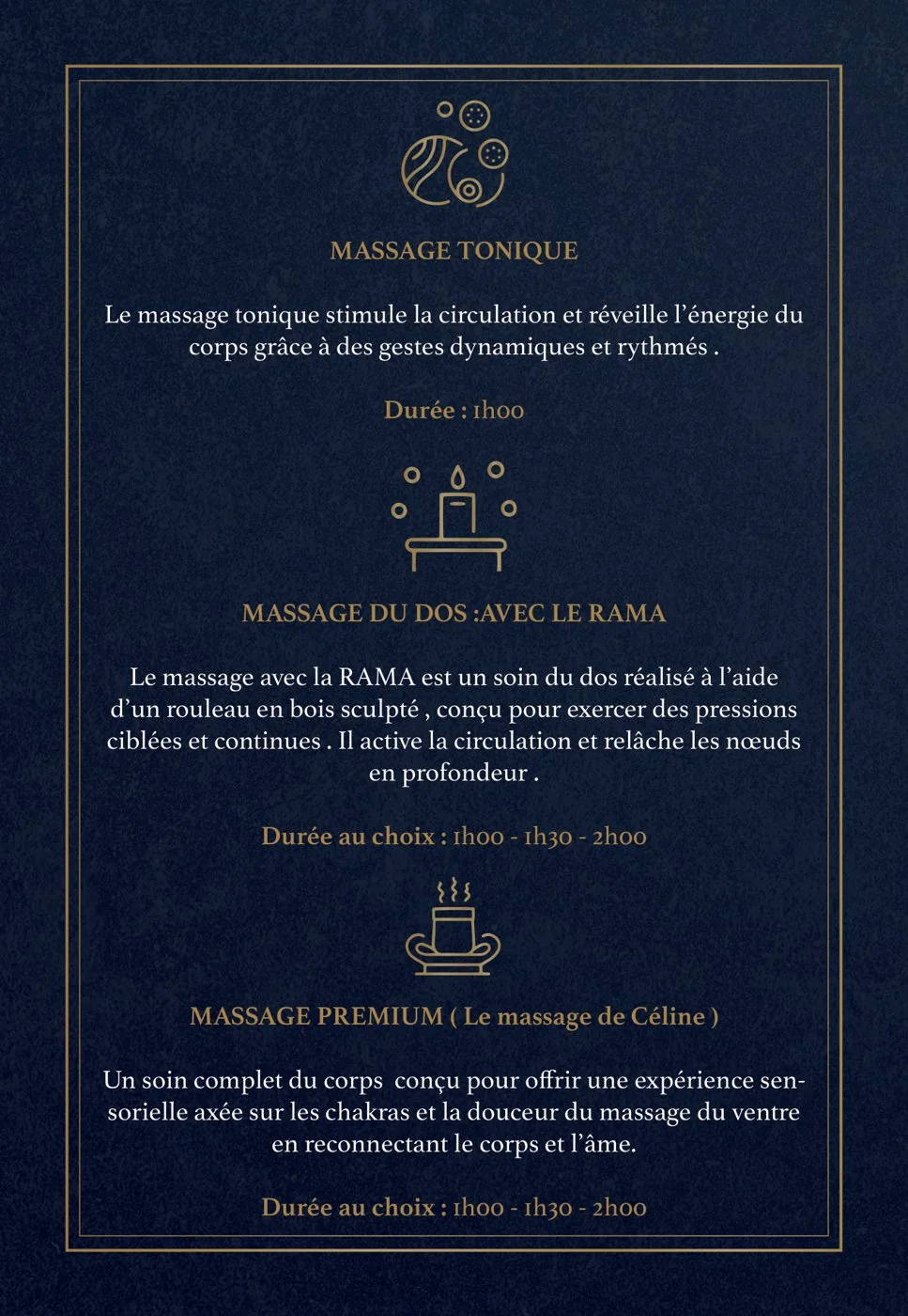 Page intérieure : massage tonique, rama et premium