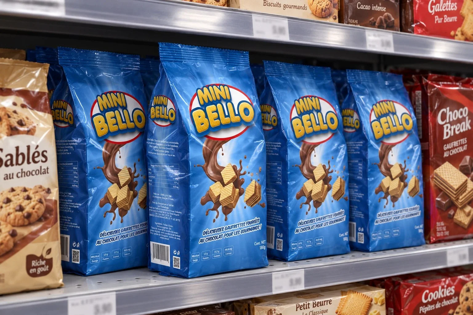 Sachets Mini Bello en rayon de supermarché, mise en situation