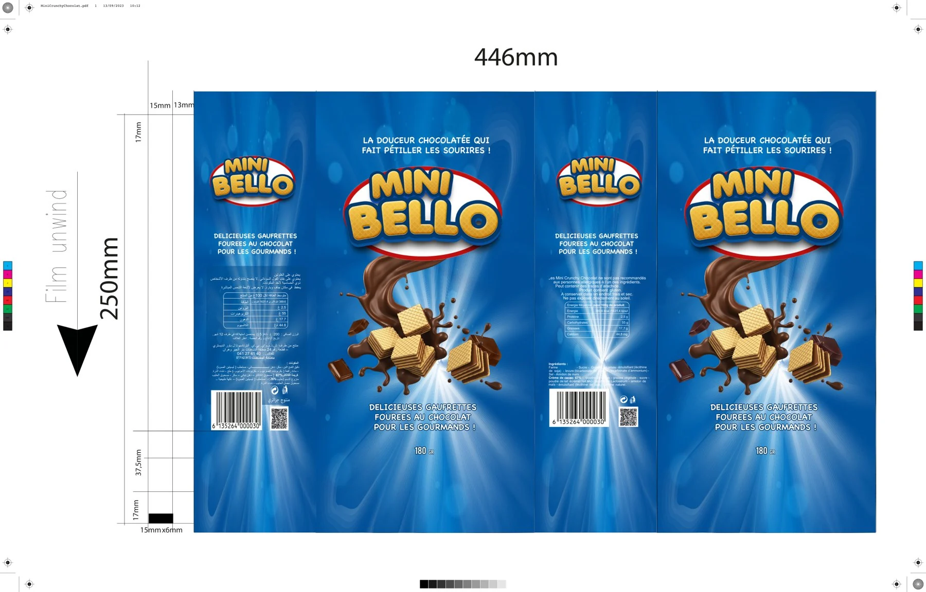 Gabarit technique du sachet Mini Bello, 446 x 250 mm