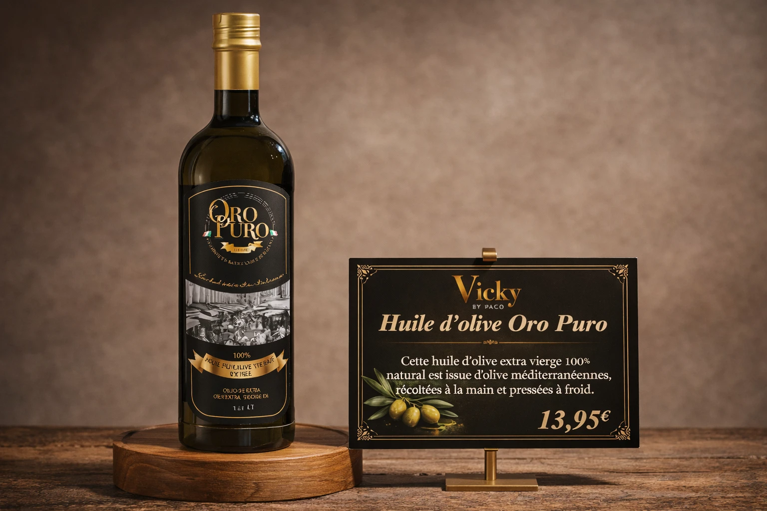 Bouteille Oro Puro et chevalet de prix