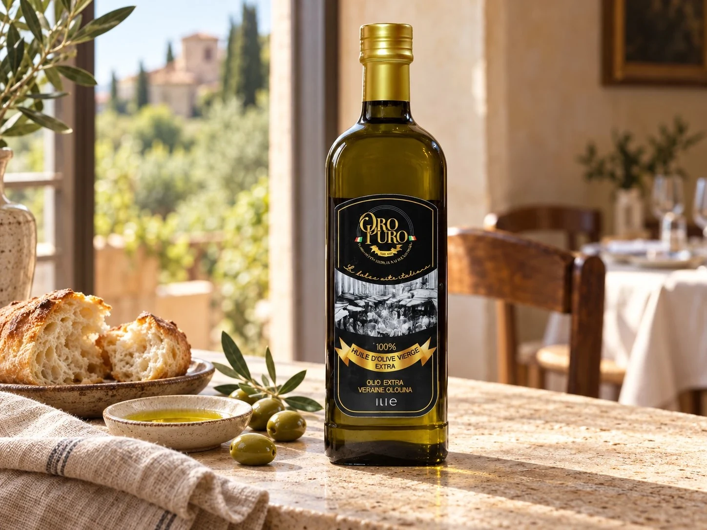 Bouteille d'huile d'olive Oro Puro sur une table avec pain et olives