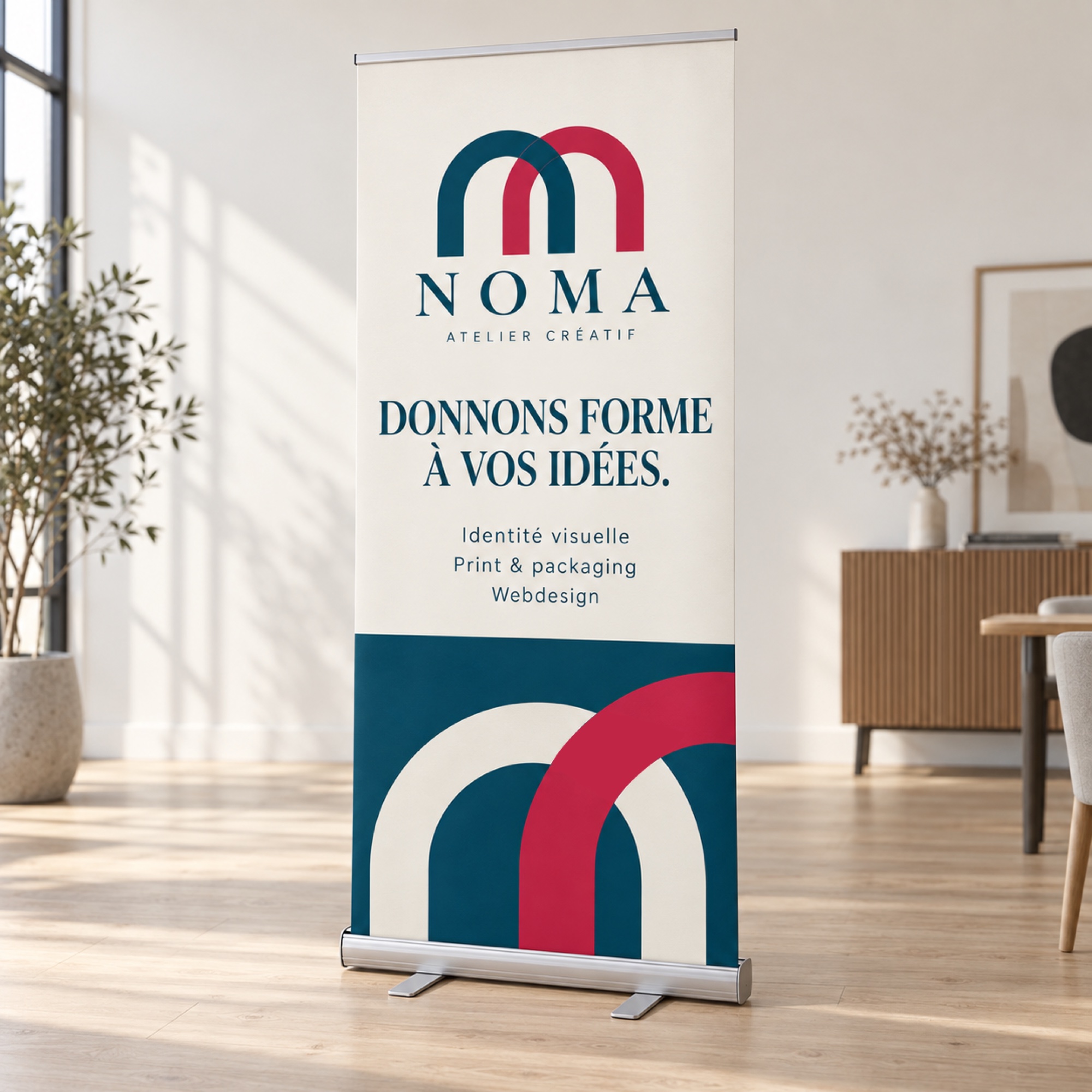 Roll-up publicitaire personnalisé NOMA déroulé sur son pied en aluminium