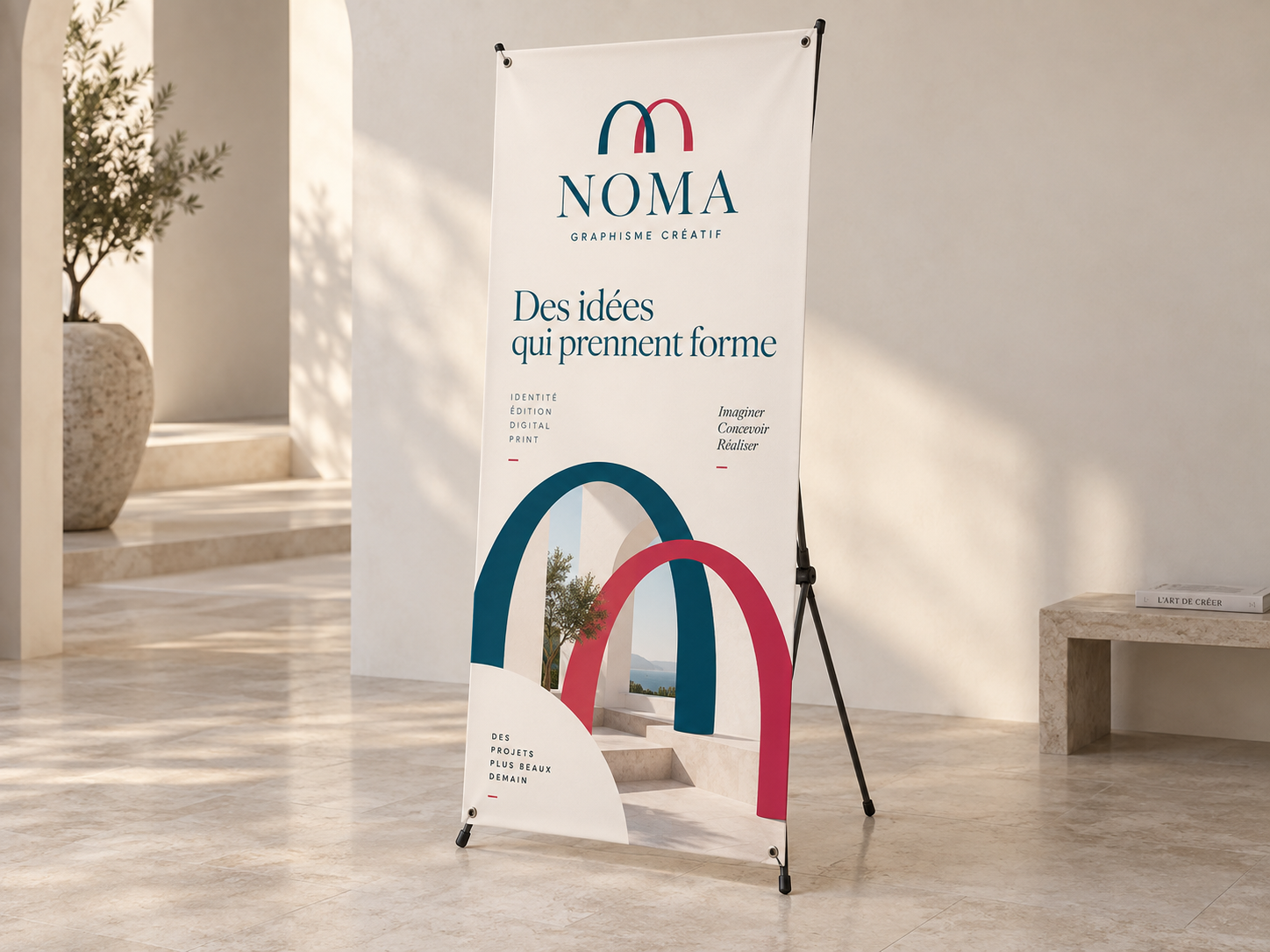 X-banner imprimé tendu sur sa structure en croix avec pied, dans un hall lumineux