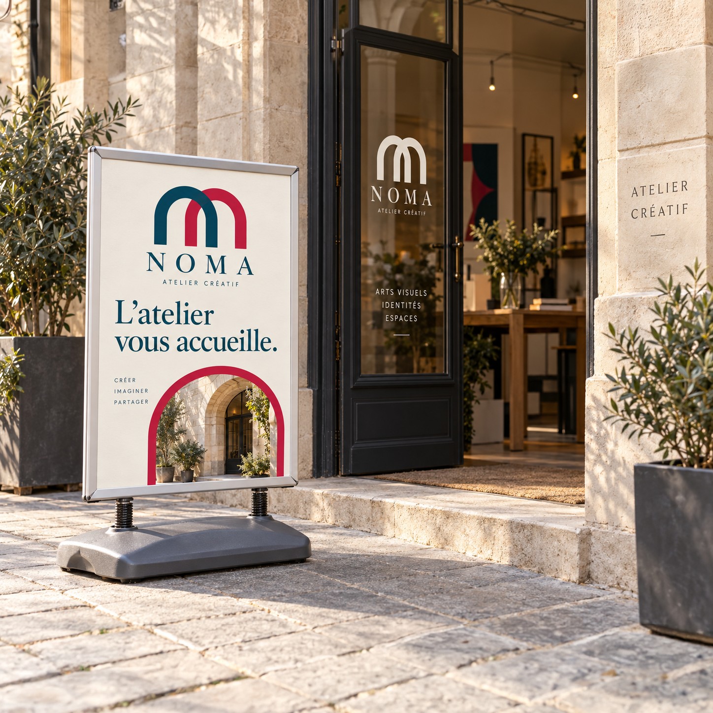 Affiche A1 portrait glissée dans un stop trottoir gris, posé sur le trottoir devant l’entrée vitrée d’une boutique
