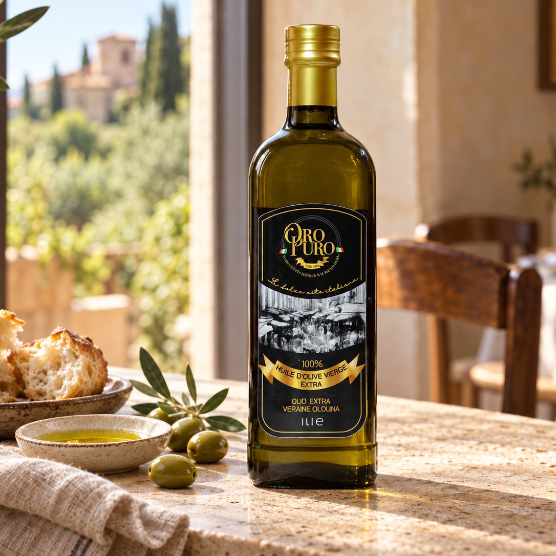 Bouteille d’huile d’olive habillée d’une étiquette noire et or personnalisée, sur une table avec pain et olives