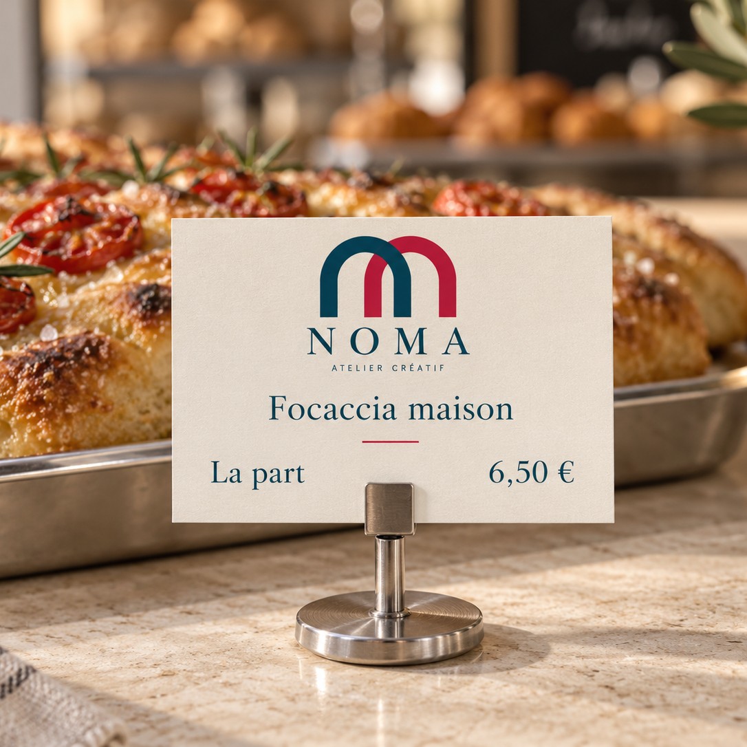 Étiquette produit crème avec nom et prix à la part, tenue par un support métallique devant une plaque de focaccia