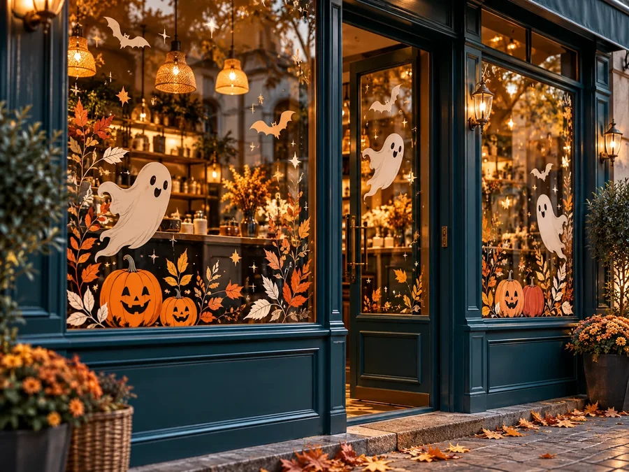 Vitrine de commerce décorée d'adhésifs Halloween