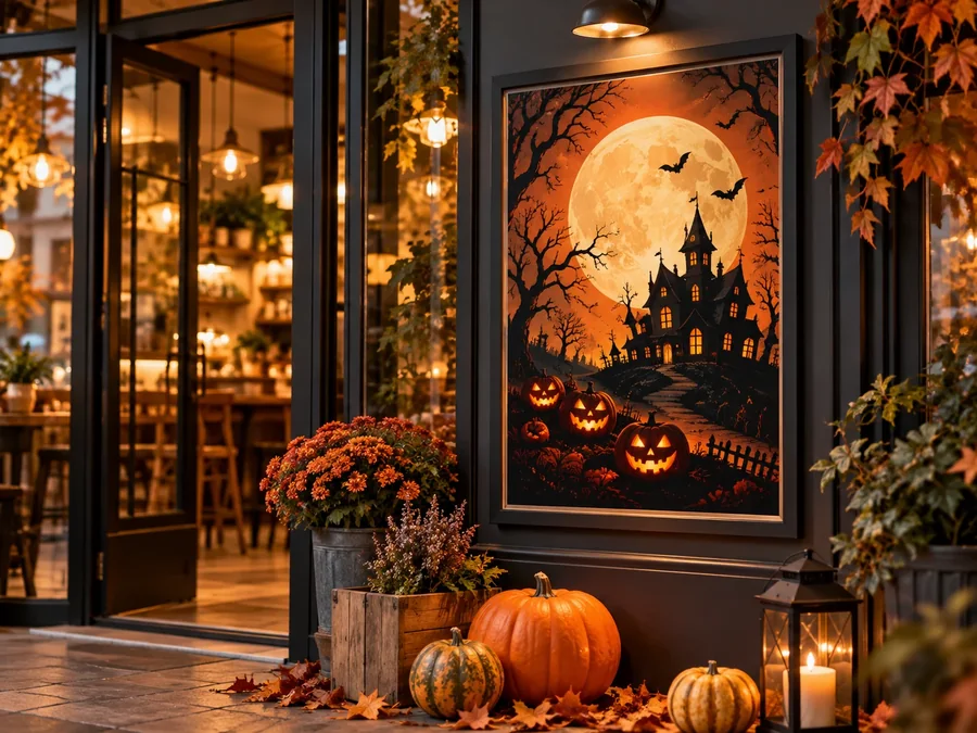 Affiche Halloween en façade de commerce