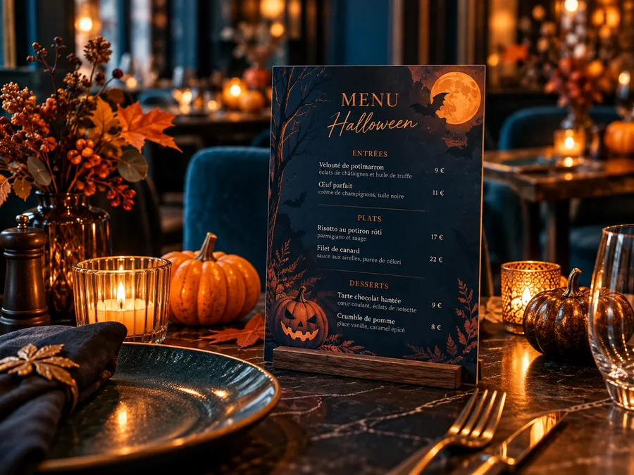 Menu Halloween posé sur une table de restaurant
