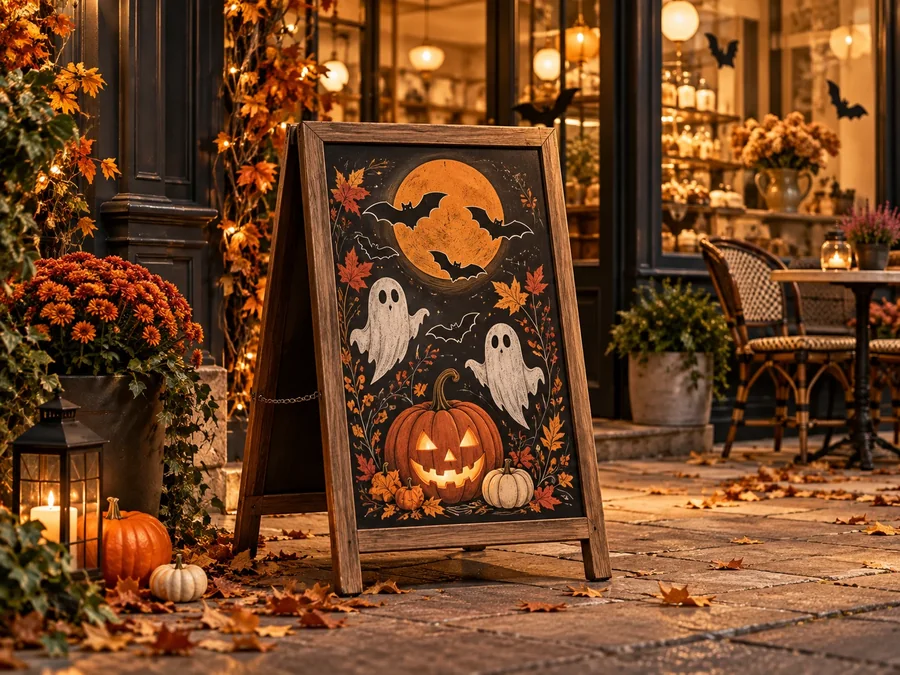 Stop-trottoir Halloween devant un commerce