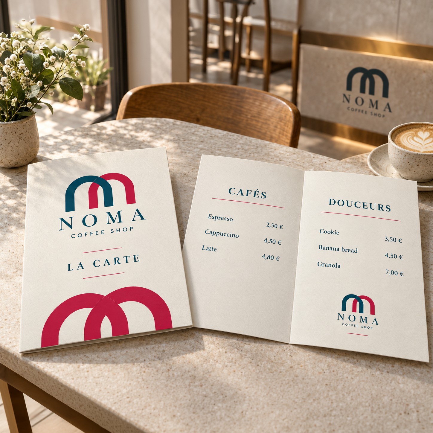 Menu 4 pages : couverture et intérieur ouvert présentant cafés et douceurs, posés sur une table de café