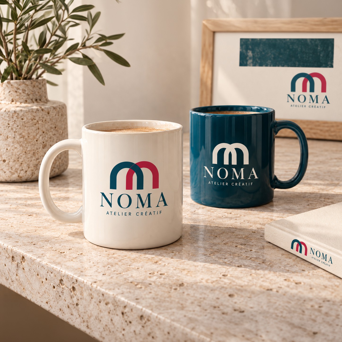Deux mugs en céramique personnalisés, un blanc et un bleu pétrole brillant, remplis de café sur un plan en pierre