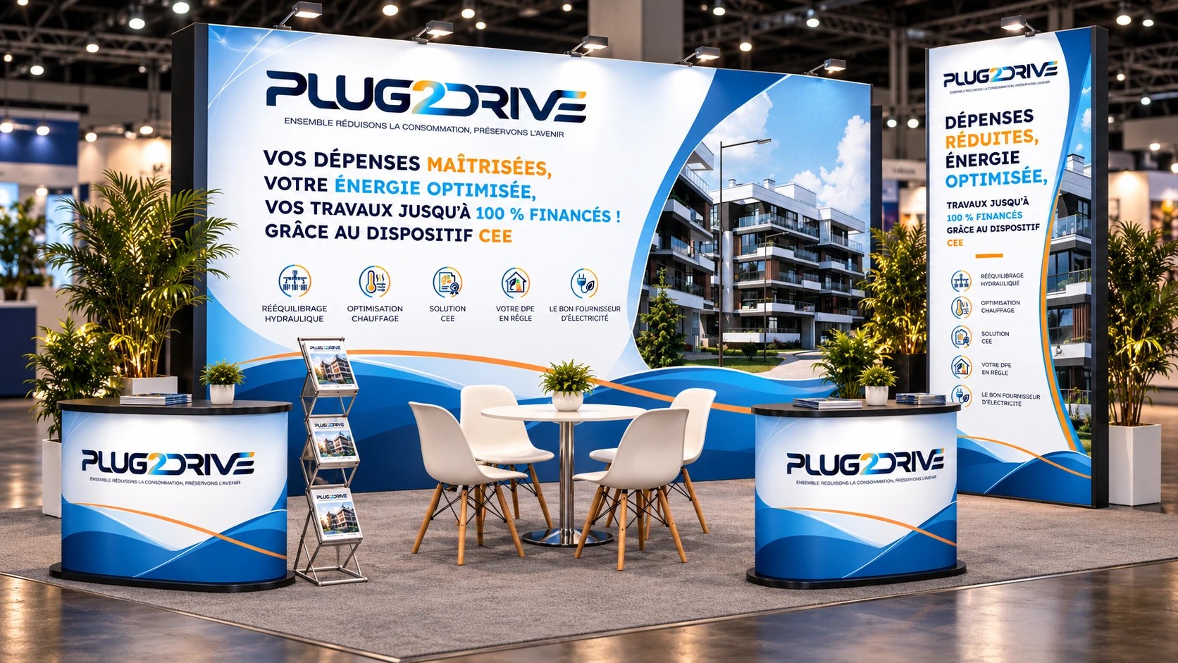 Stand Plug2Drive monté au Salon de la Copropriété, avec ses deux comptoirs