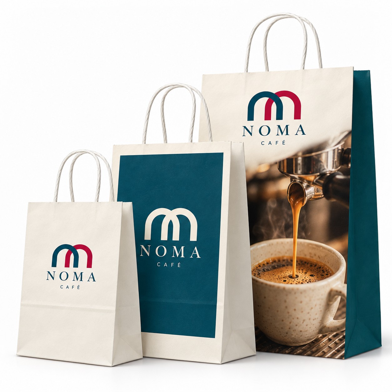 Trois sacs en papier à anses torsadées, du petit au grand format, imprimés au logo d'un café